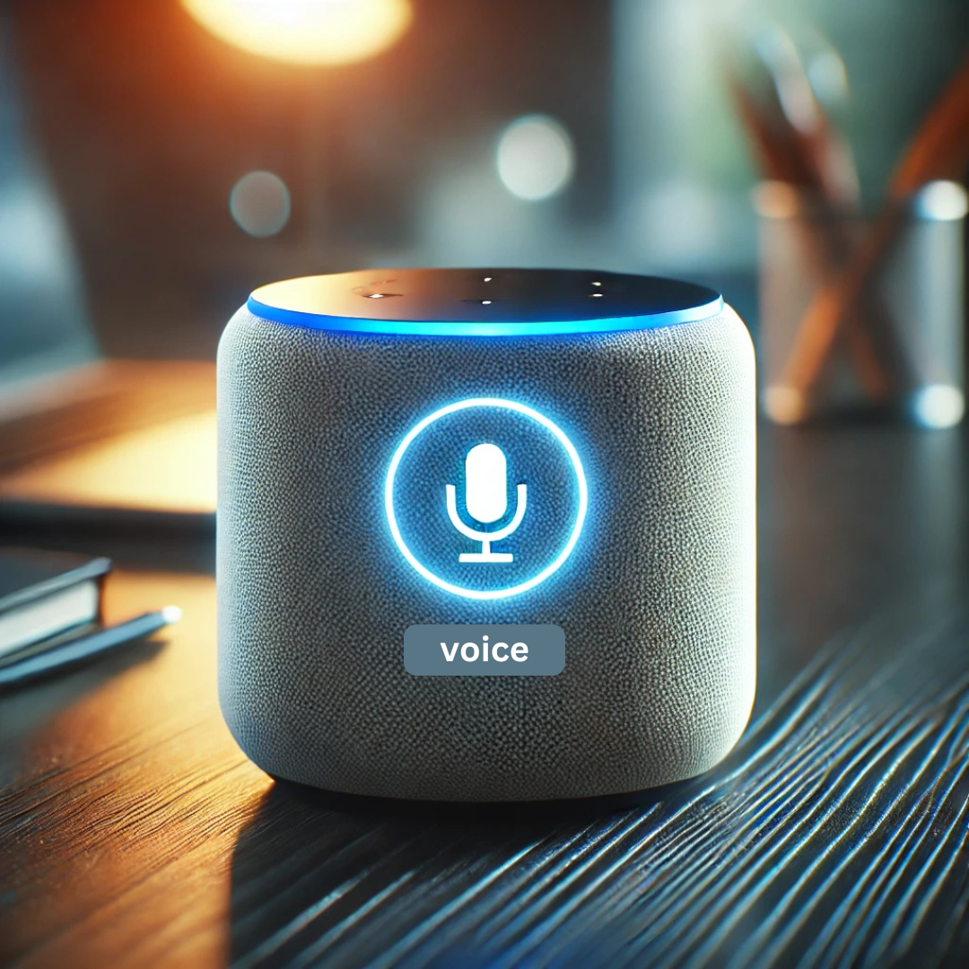 A close-up of a smart speaker with a glowing voice assistant icon, placed on a desk with a blurred background.