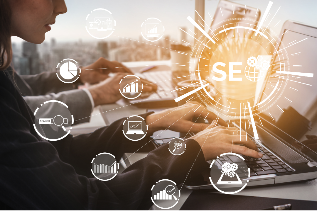 A conceptual illustration of voice search optimization in SEO. A futuristic smart speaker with a digital interface displaying a search query result, surrounded by sound wave patterns and data analytics charts.