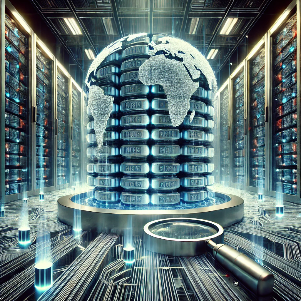 A conceptual representation of search engine indexing, featuring a futuristic server room storing digital web pages in an organized structure.