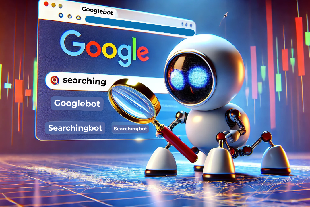 A digital illustration of Googlebot scanning a website with a magnifying glass, representing how search engines discover new web pages.