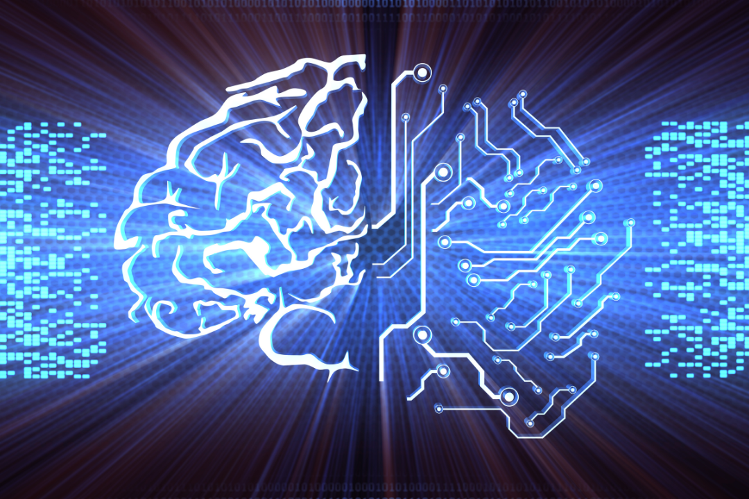 A futuristic digital brain with interconnected nodes analyzing website analytics and keyword data in a high-tech workspace.