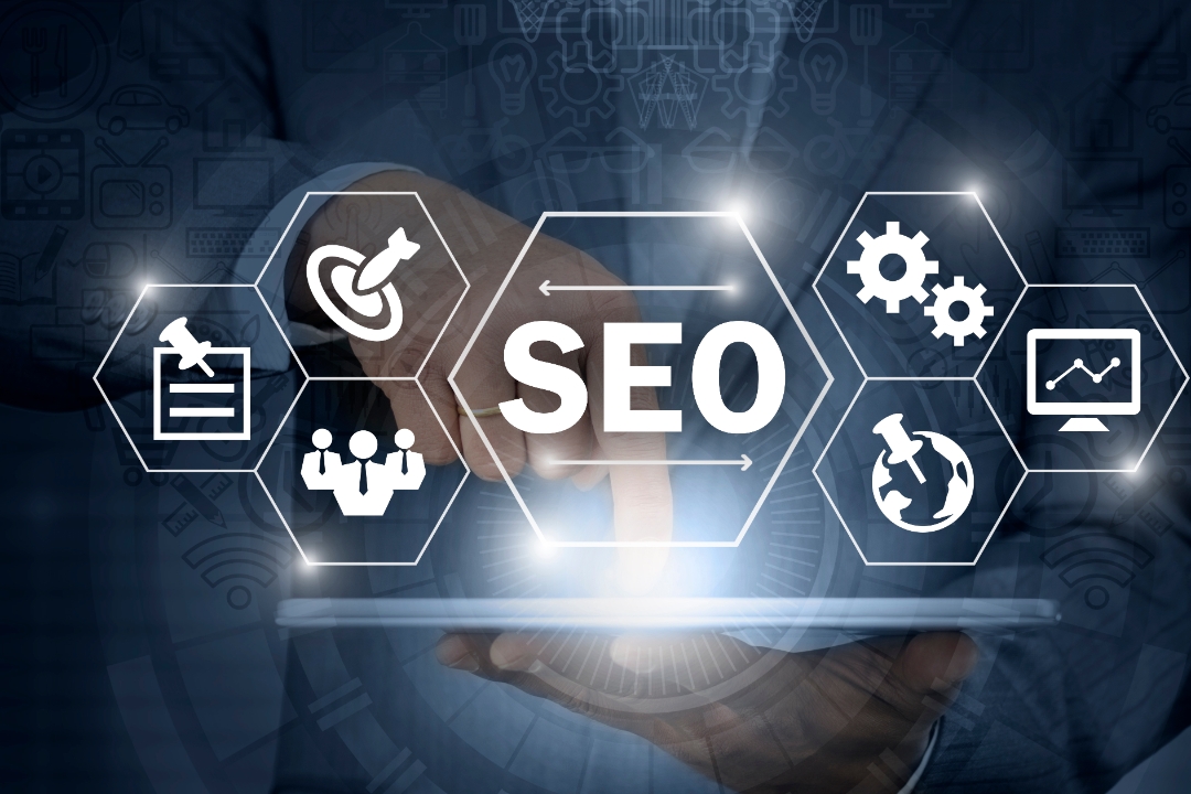 A futuristic vision of SEO featuring AI-driven search engines, voice search technology, and a digital assistant displaying results in an immersive virtual environment.