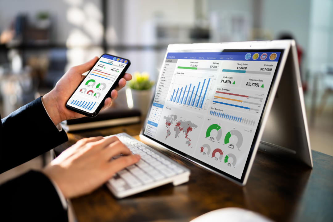 A mobile-friendly SEO dashboard with analytics data displayed on a smartphone screen, showcasing keyword rankings, traffic insights, and performance metrics.