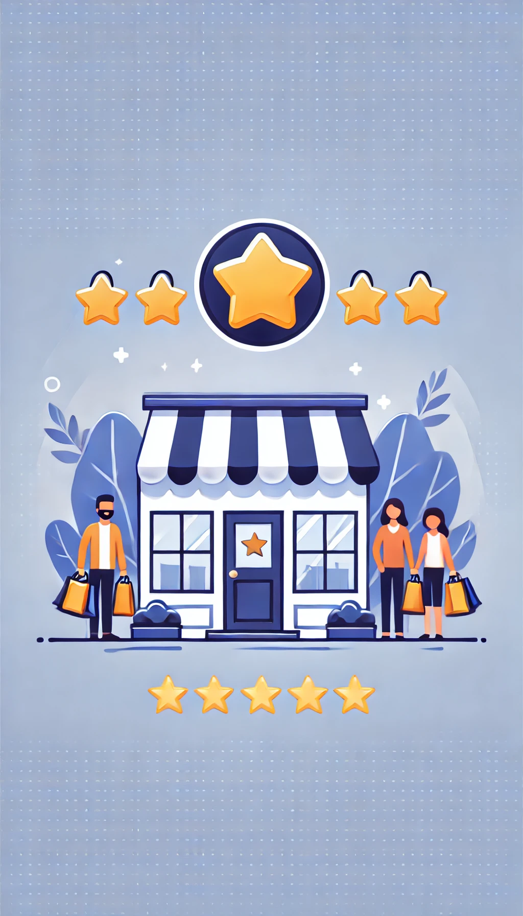 A vertical graphic of a local store with a glowing 5-star review icon, surrounded by happy customers, illustrating the trust and visibility gained through positive reviews.