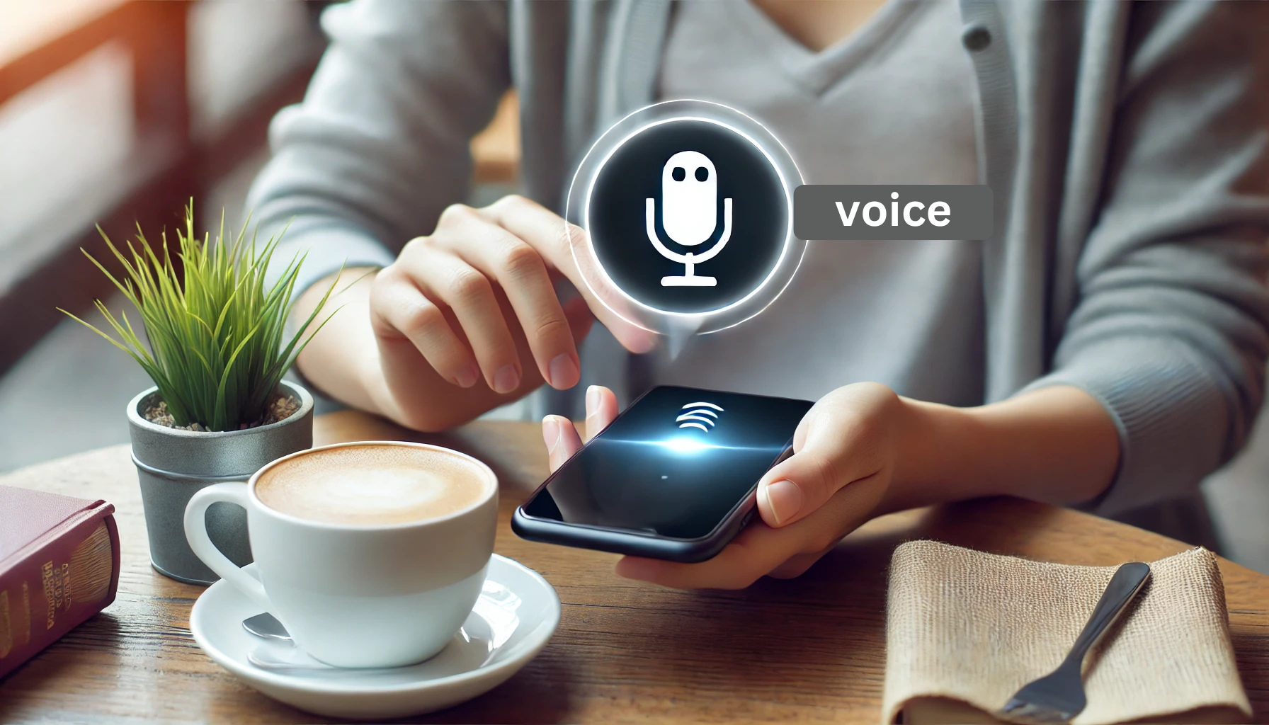 A person using voice search on a smartphone while sitting at a café, with a virtual assistant icon floating above the phone screen
