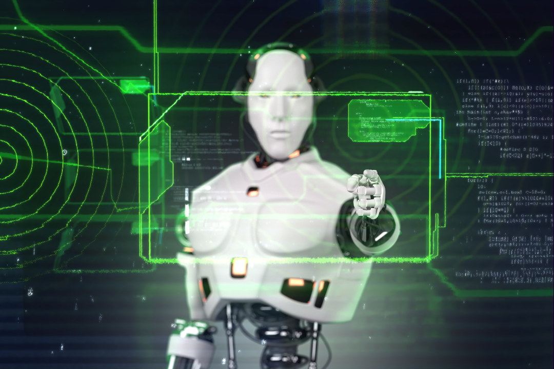 An AI-powered SEO dashboard with analytics, keyword trends, and a robotic assistant suggesting strategies.