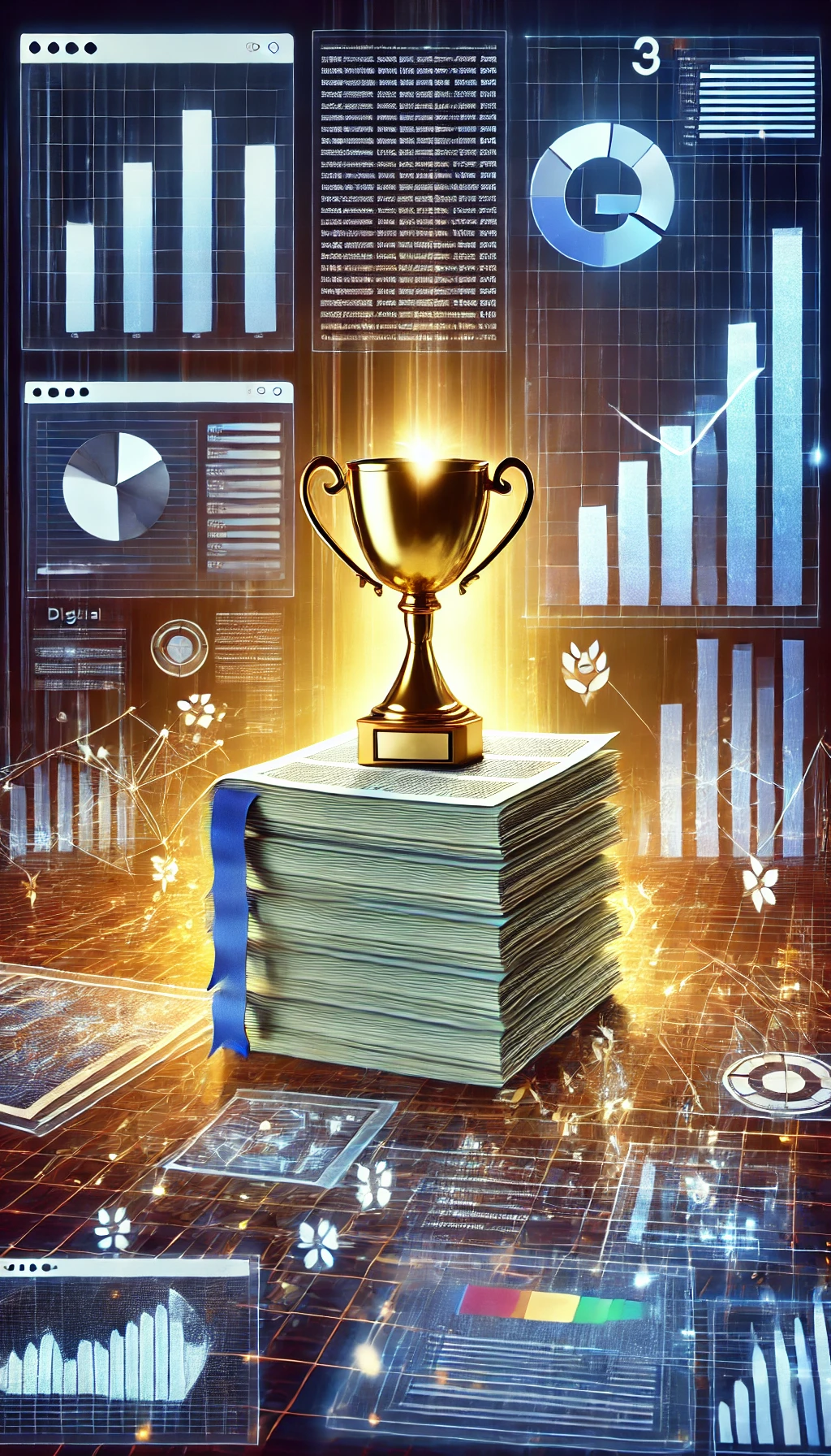 An artistic depiction of search engine ranking, showcasing a stack of web pages sorted by relevance with a golden trophy on the top page.