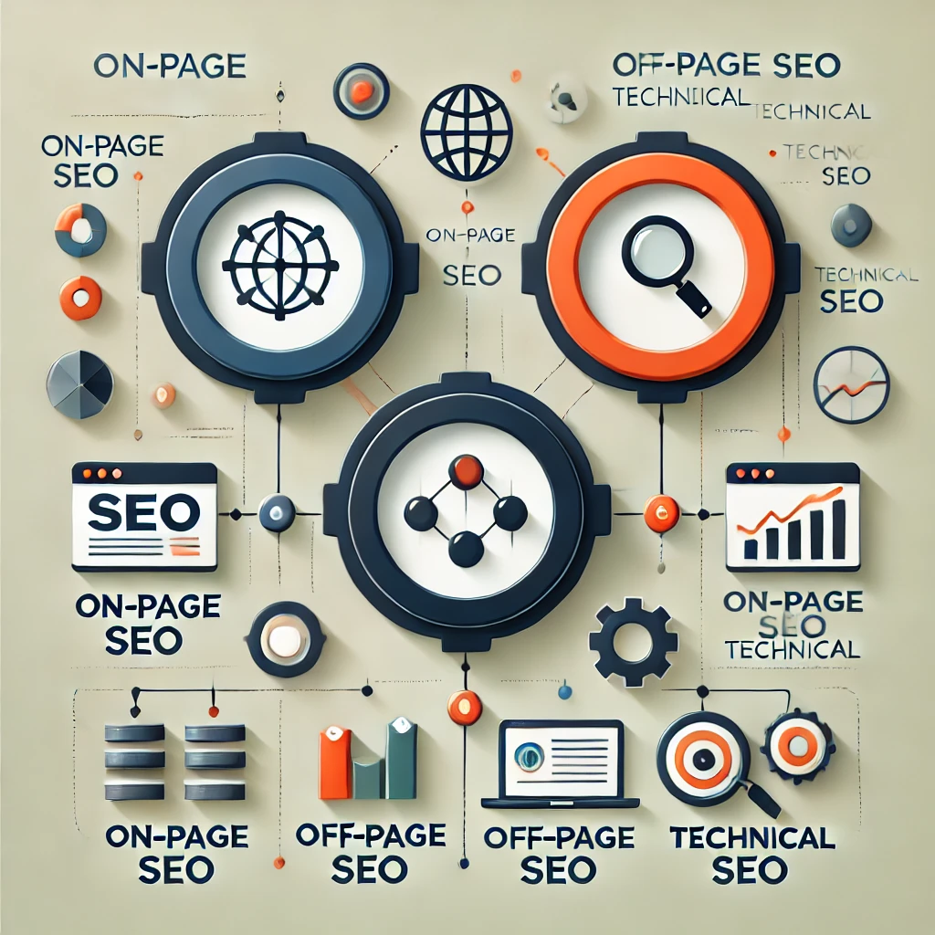 Diagram showing SEO components: On-Page, Off-Page, and Technical SEO with icons.