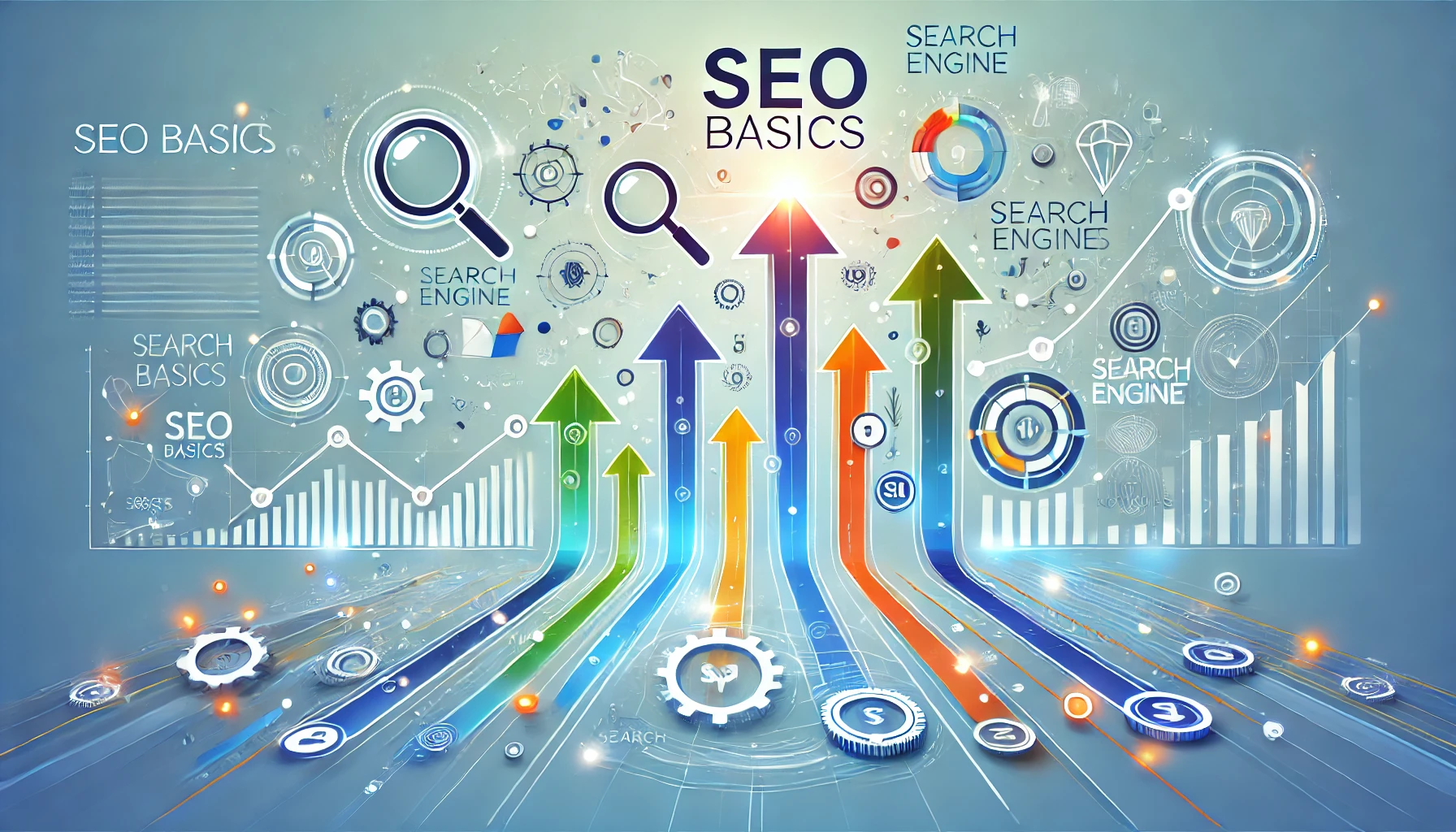 SEO Basics visual illustration with search engine icons, keywords, and growth indicators.