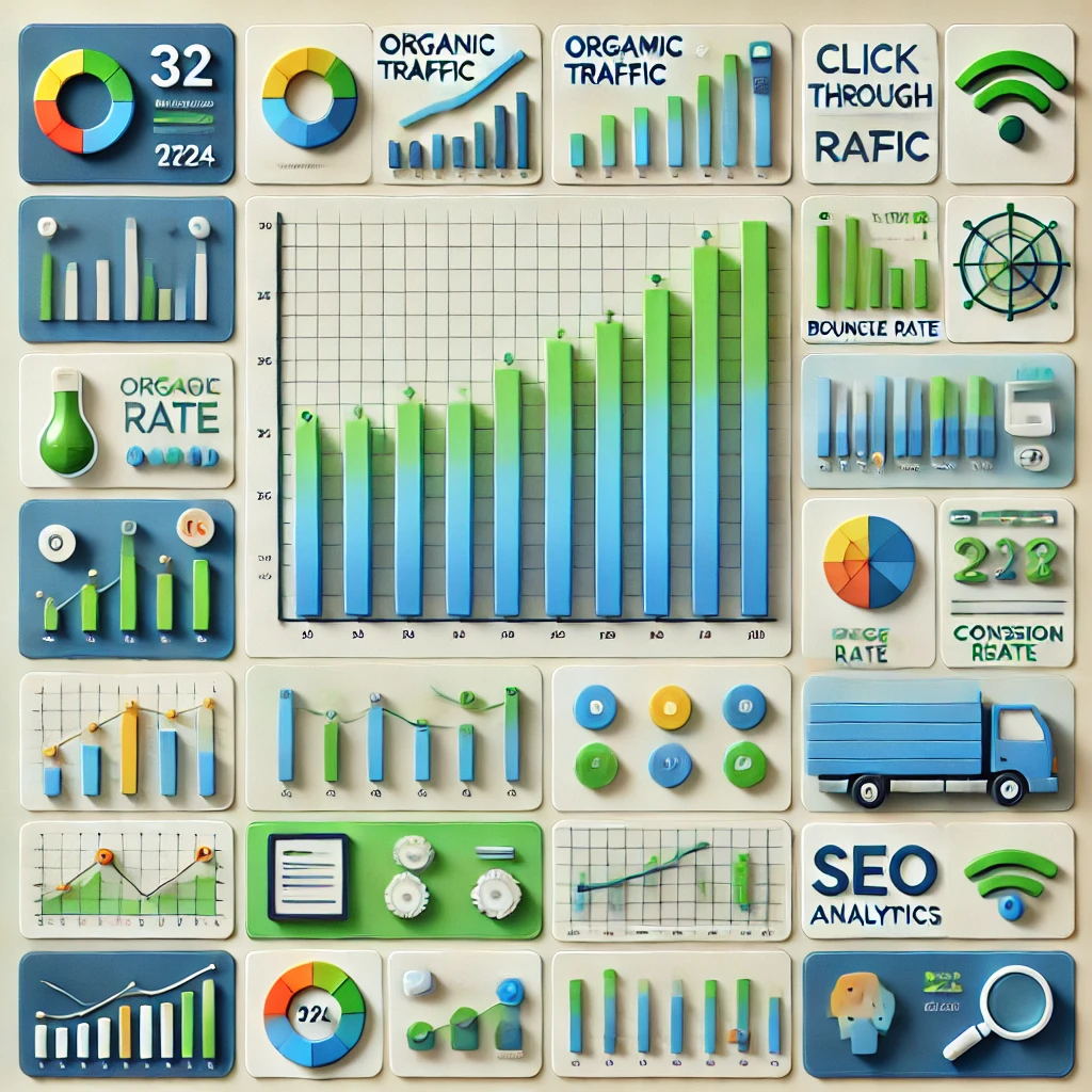 Vertical dashboard resembling Google Analytics, displaying metrics such as page views, sessions, and conversions with clear, colorful graphs and numbers