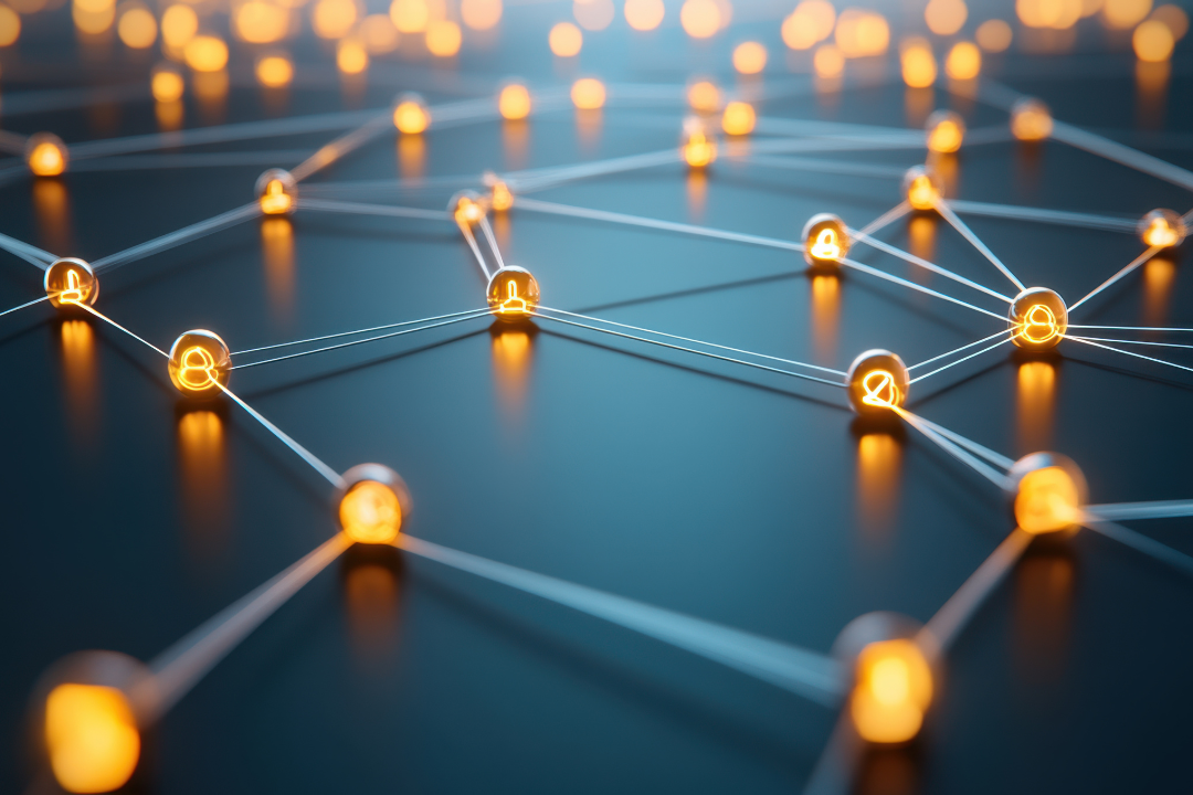 A futuristic digital illustration of interconnected services, glowing nodes, and networks representing the API economy and digital connectivity.