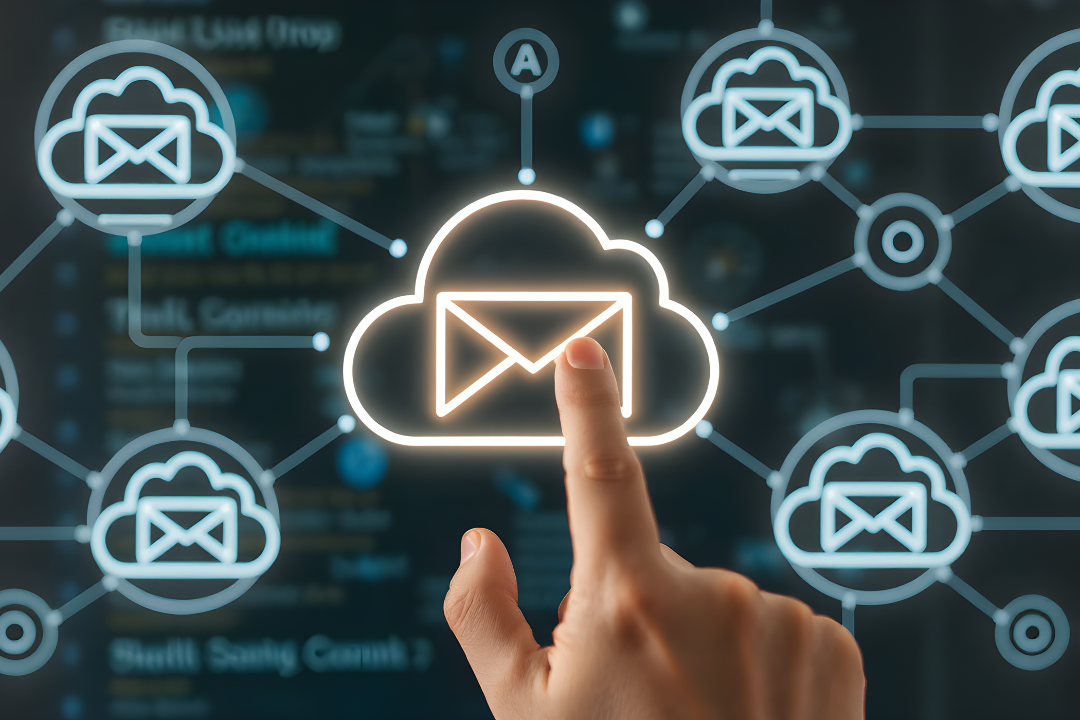 Illustration of automated email marketing and social media scheduling working together to save time and increase productivity.
