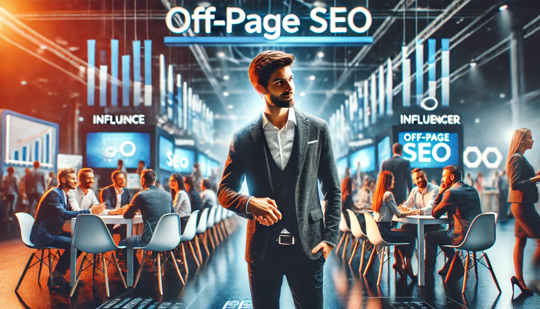 Business professional networking with an influencer at a digital marketing event to improve off-page SEO
