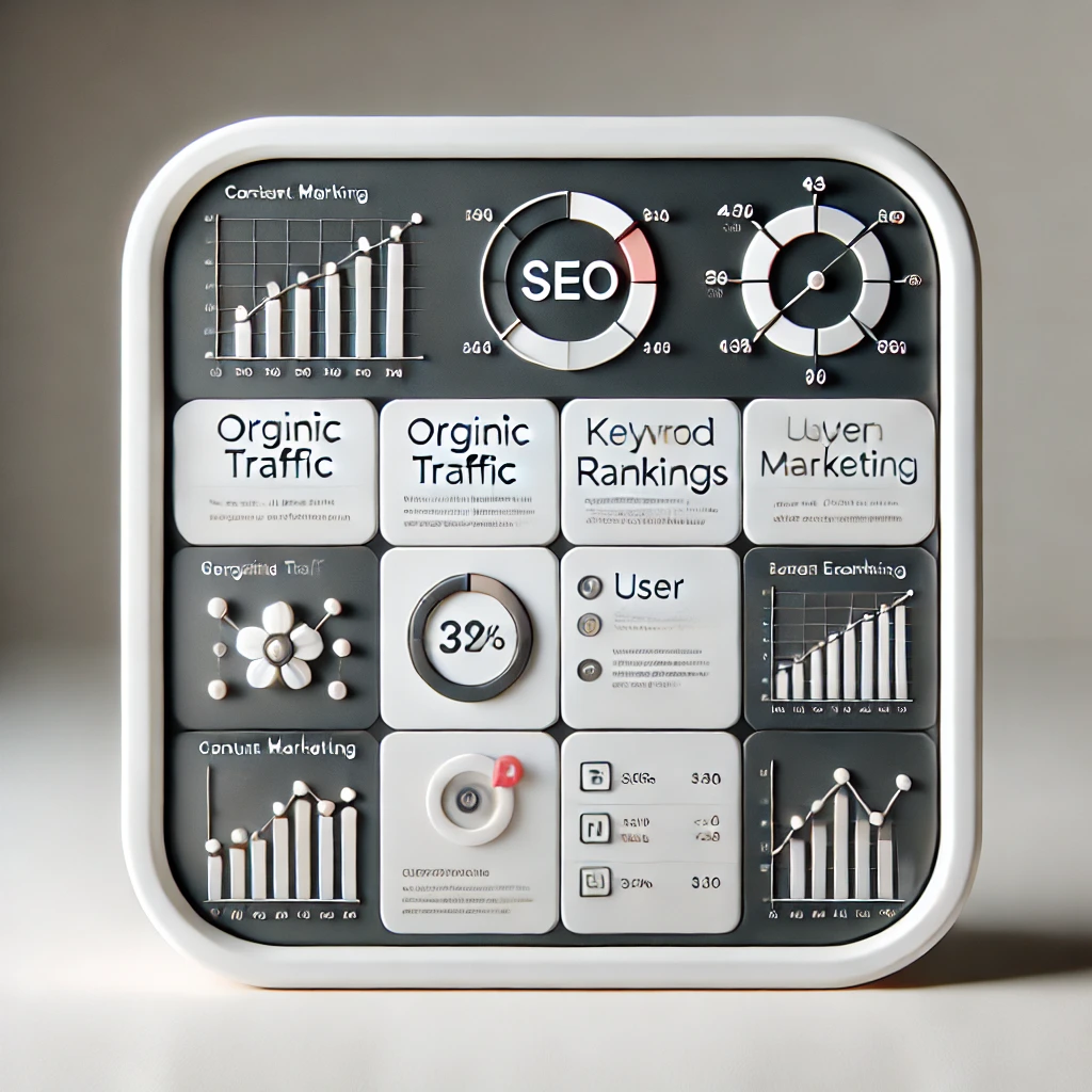 Analytics dashboard showing SEO metrics like organic traffic, keyword rankings, and user engagement, representing content marketing’s impact on SEO