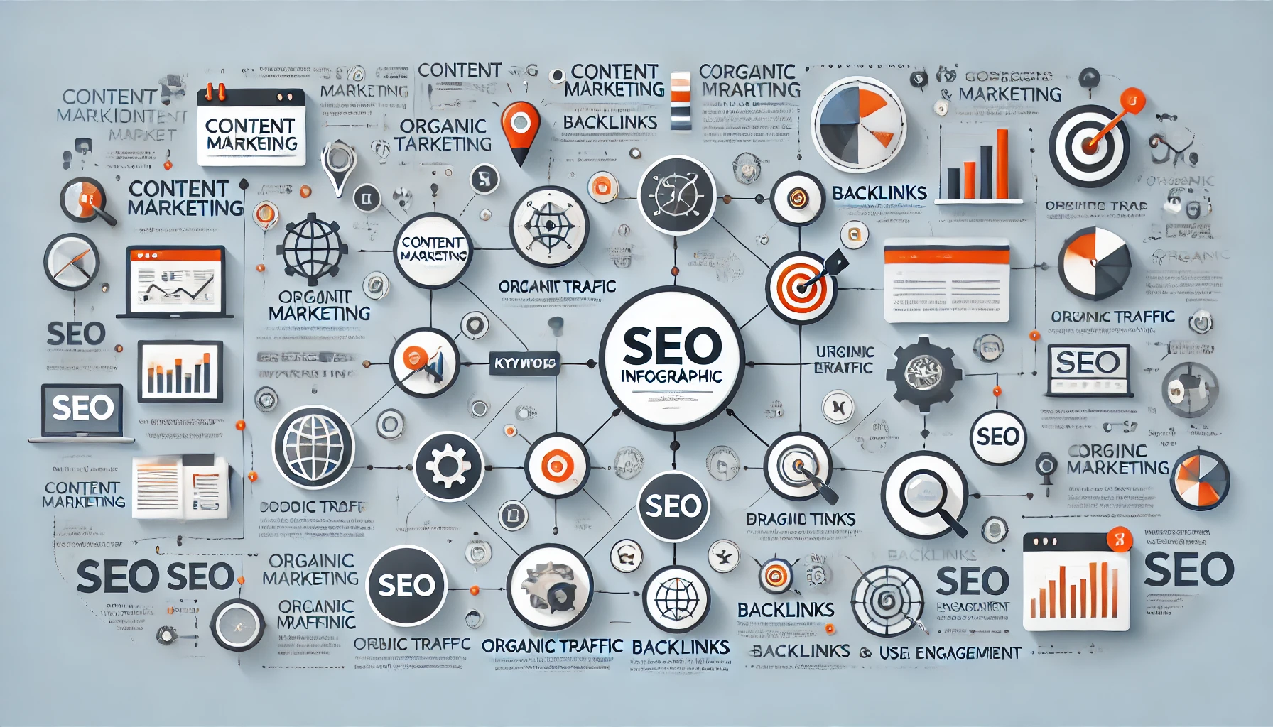 Infographic showing the relationship between content marketing and SEO, highlighting keywords, organic traffic, backlinks, and user engagement
