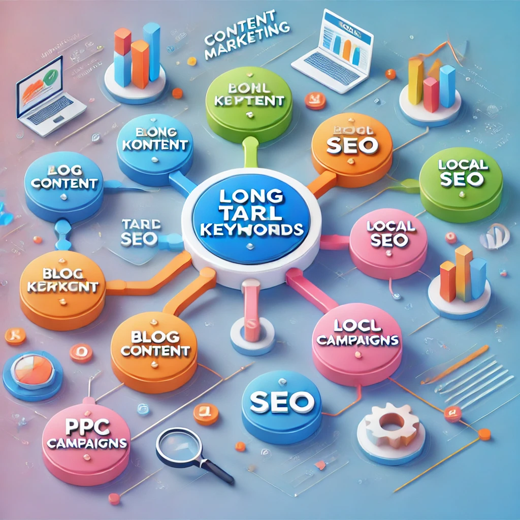 A visual workflow of content marketing centered on long-tail keywords with nodes for blog content, PPC campaigns, and local SEO