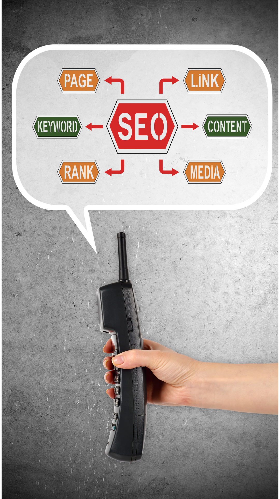 A vertical illustration of a content writer balancing SEO, creativity, and audience engagement in an infographic style.