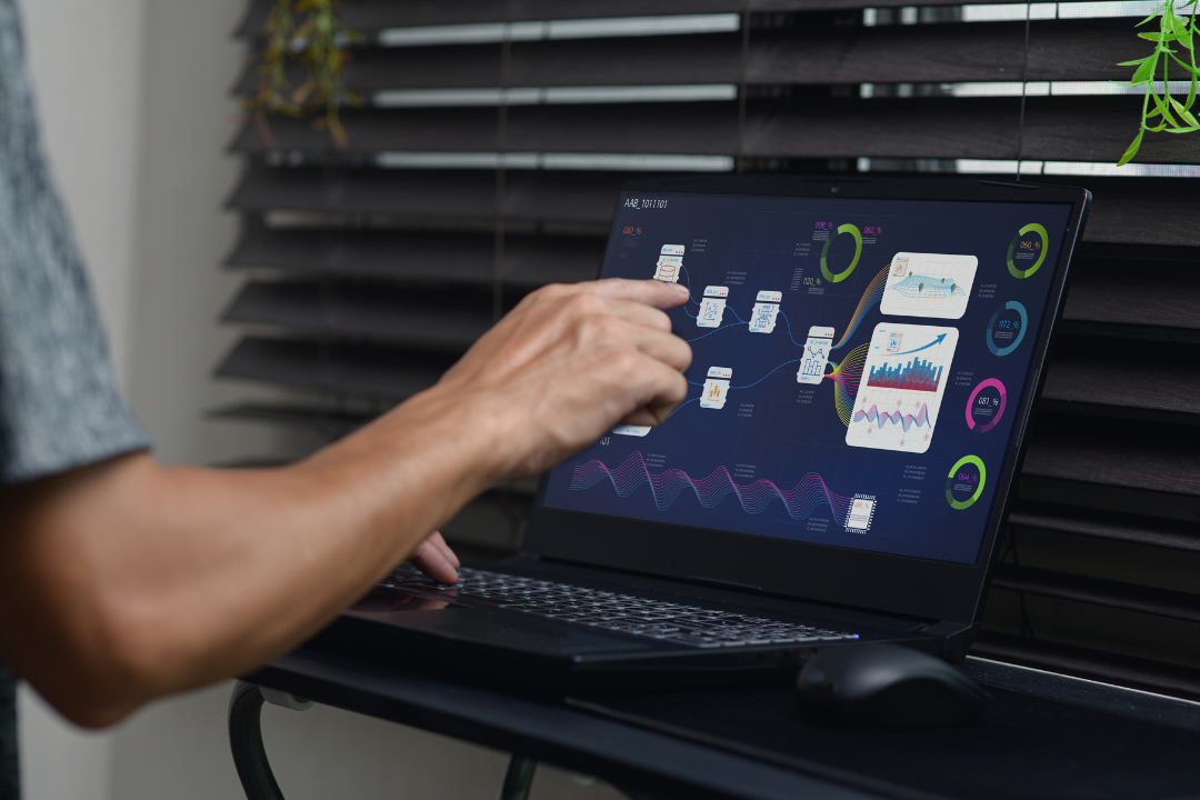 A clean digital workspace showing charts, analytics dashboards, and a laptop displaying SEO performance metrics for an eCommerce website.