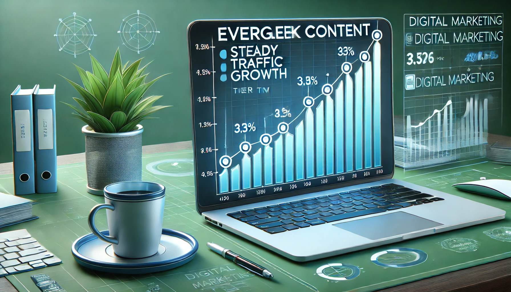 A graph showing steady traffic growth over time for evergreen content with a digital marketing workspace