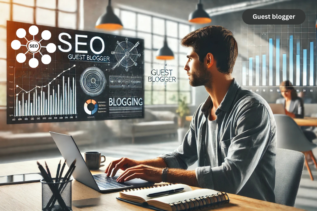 Guest blogger writing on a laptop with SEO charts in the background