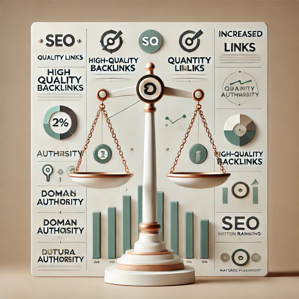 Square infographic showing essential factors of high-quality backlinks, such as domain authority, relevance, and natural placement