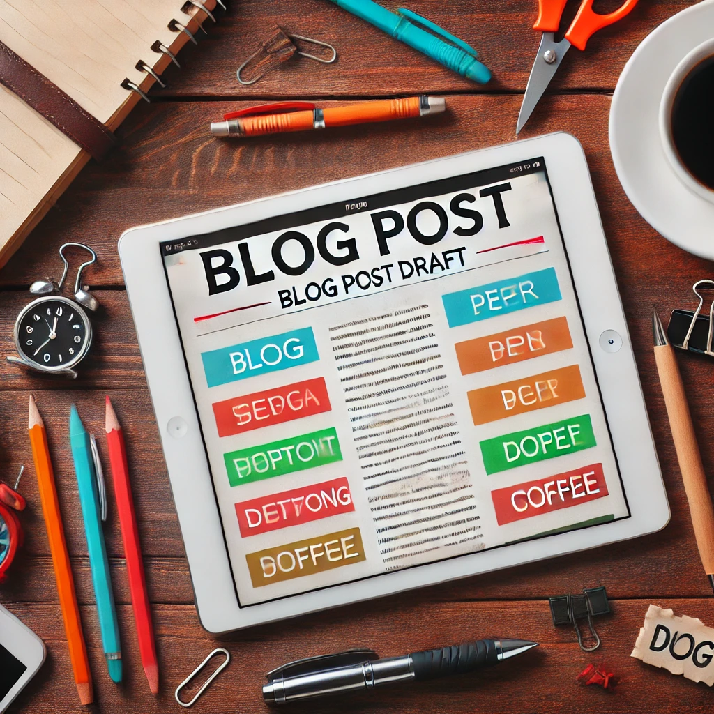 A square image of a blog post draft on a tablet, showing keywords highlighted in different colors, surrounded by stationary items like pens, paper, and a cup of coffee, set on a wooden table