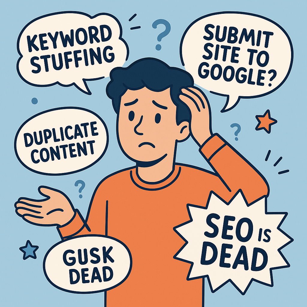 A cartoon-style image of a person surrounded by SEO myths like “keyword stuffing,” “submit site to Google,” “SEO is dead” with a confused expression.