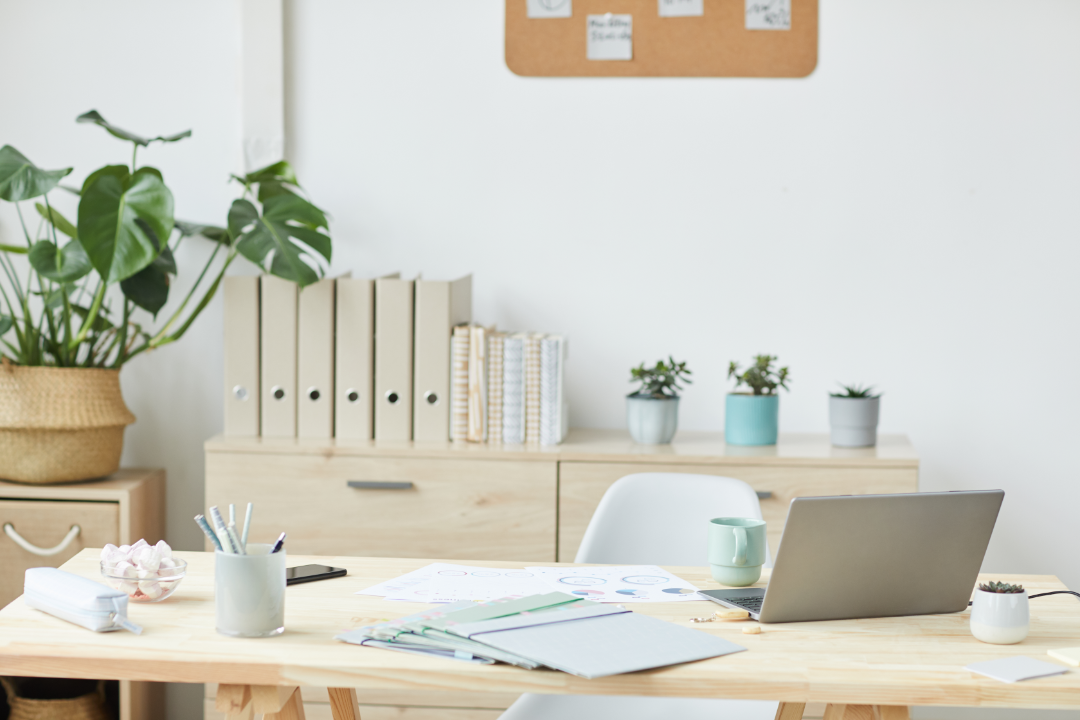 A cozy, productive workspace with a writer creating long-form SEO content.