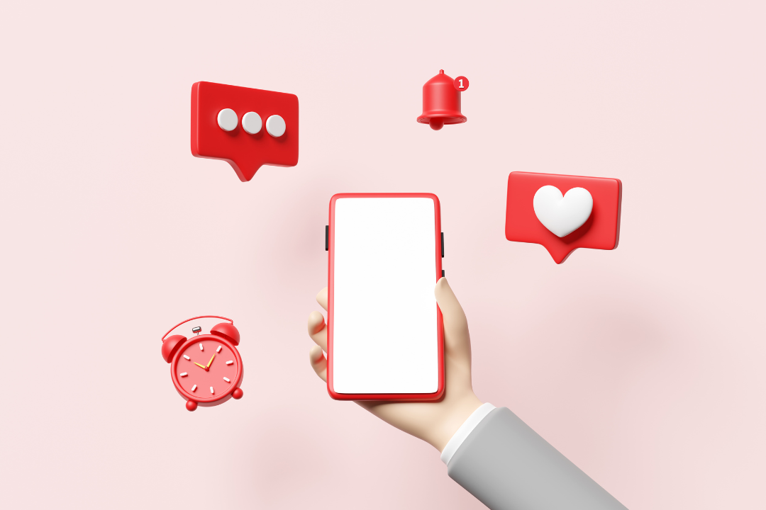 A smartphone displaying high engagement metrics (likes, shares, comments) next to a calendar with highlighted days and hours.
