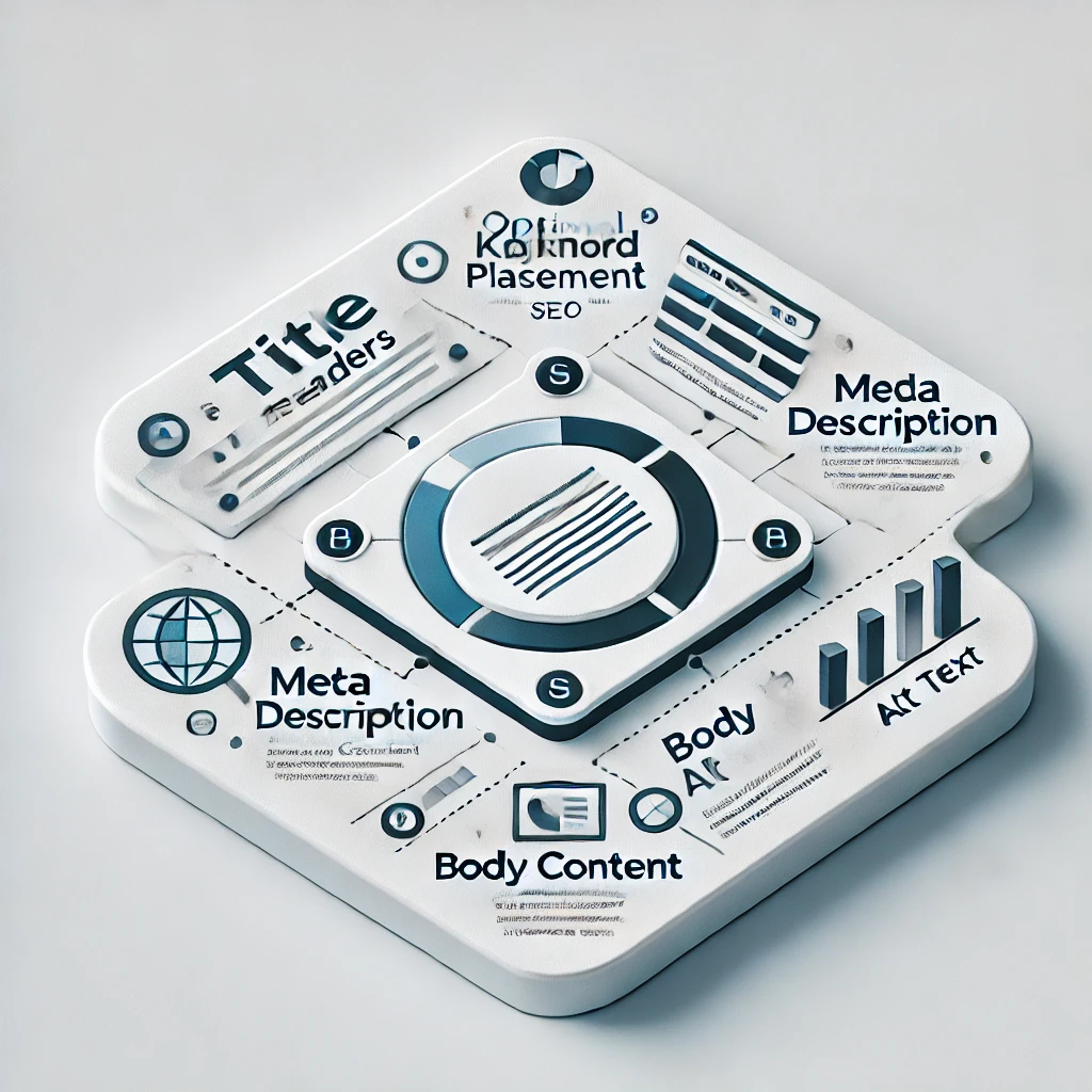 Infographic on optimal keyword placement in SEO, covering title, headers, meta description, body content, and image alt text