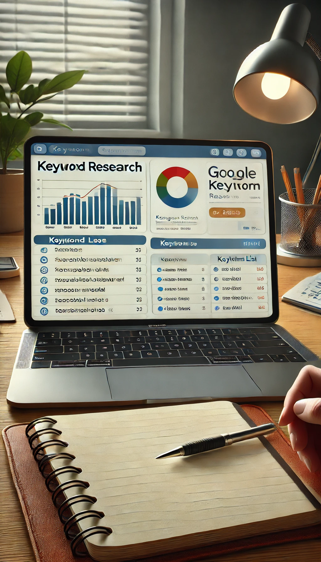 A keyword research dashboard showing graphs and keyword lists, set in a creative workspace with a notebook and pen in the foreground
