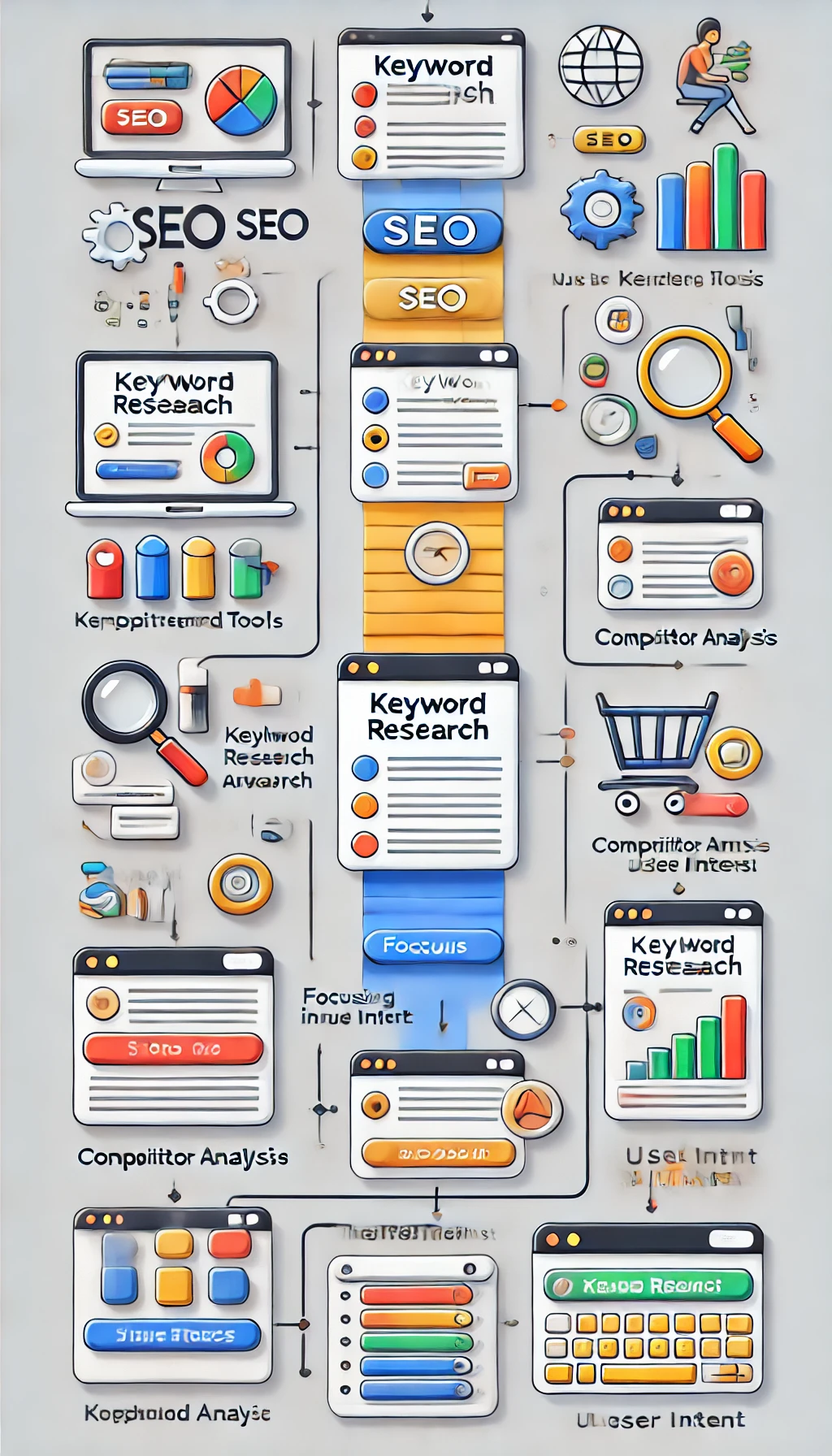 Guide to the keyword research process, highlighting tools, competitor analysis, and user intent steps in a vertical layout
