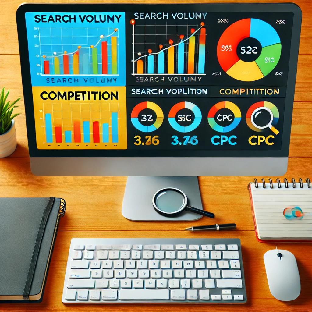 Comparison of keyword research tools on a computer screen, showing metrics like search volume and competition