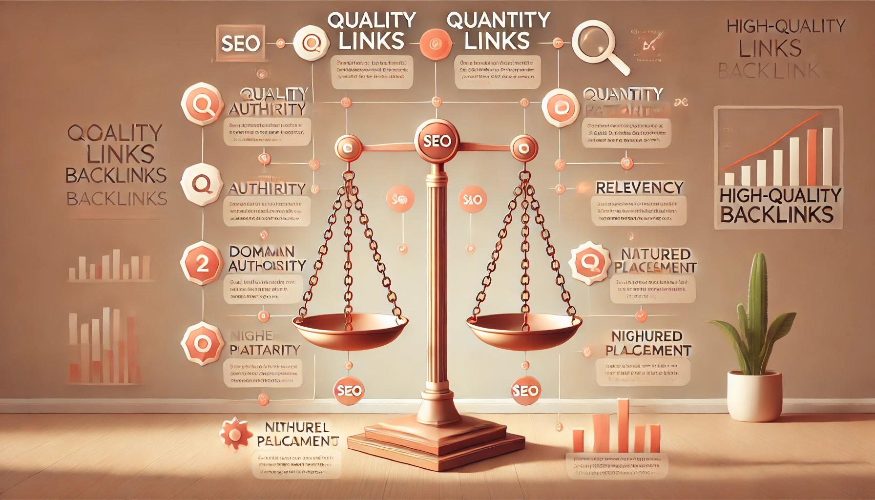 Illustration of a balance scale comparing quality vs. quantity in link building for SEO, with "Quality Links" appearing heavier
