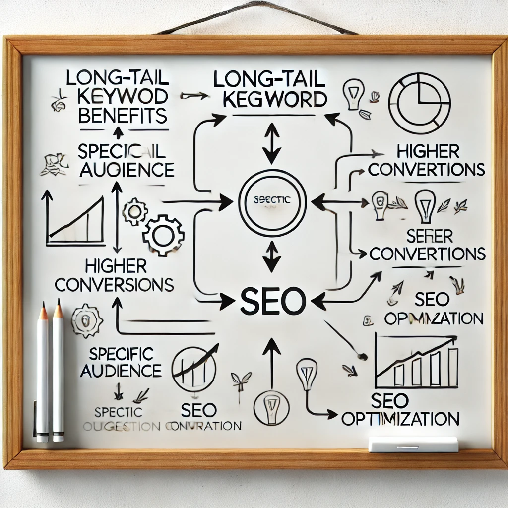 A flowchart displaying long-tail keyword benefits, with arrows pointing to 'specific audience,' 'higher conversions,' and 'SEO optimization' on a whiteboard background