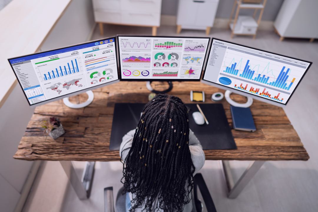 Futuristic marketing dashboard with AI-driven analytics, graphs, and charts.