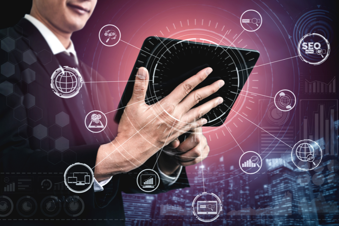 An illustration of a mobile-first SEO concept, featuring a smartphone at the center with Google search results optimized for mobile, surrounded by speed optimization and responsive design elements.