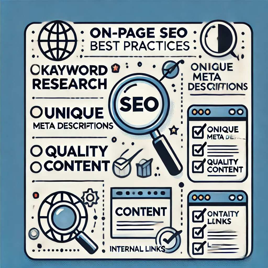 Checklist of on-page SEO best practices, showing keyword research, meta descriptions, content quality, and internal linking