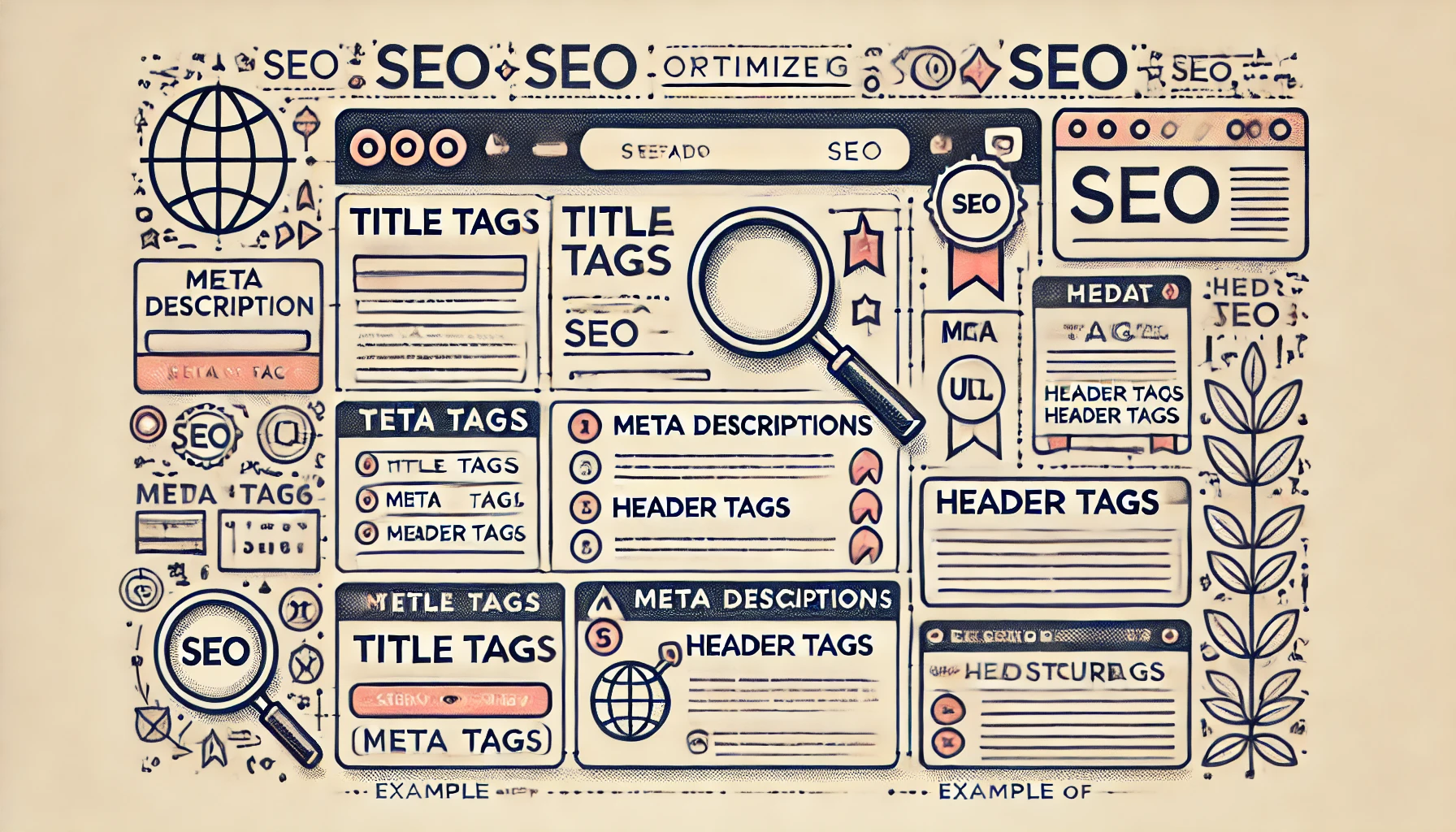 Optimized webpage layout with key on-page SEO elements like title tags, meta descriptions, and headers for improved SEO