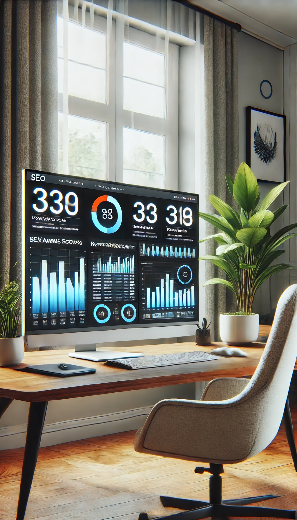 A vertical image of an SEO analytics dashboard on a large monitor, with graphs and keyword tracking tools visible, set in a modern office environment with plants and a comfortable chair in the background