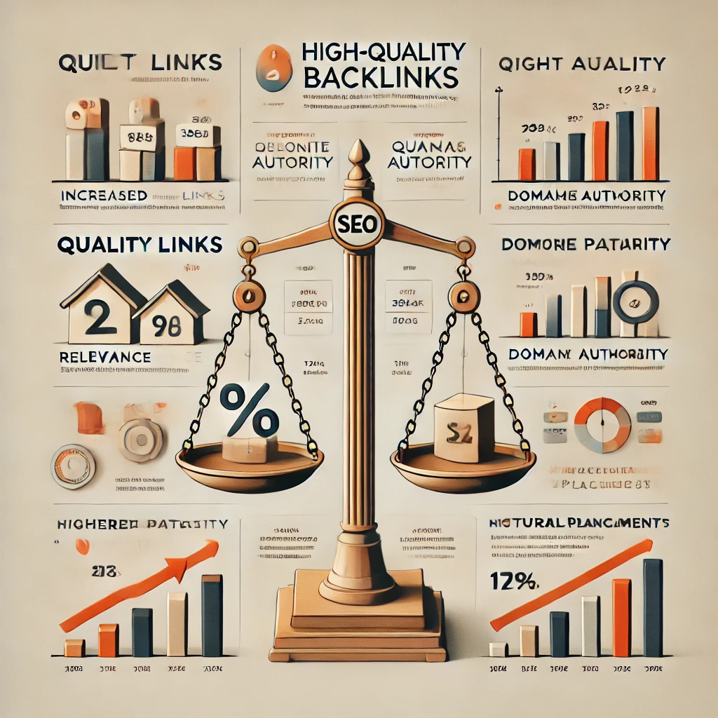 Vertical graph displaying SEO improvements from high-quality backlinks, highlighting growth in organic traffic, ranking, and engagement