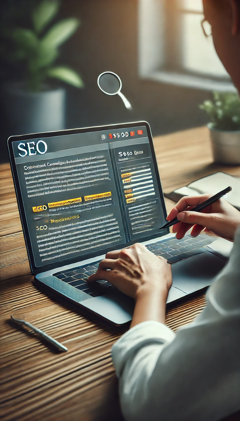 Content creator writing an SEO-optimized blog post on a laptop, with highlighted keywords and SEO metrics displayed on the screen