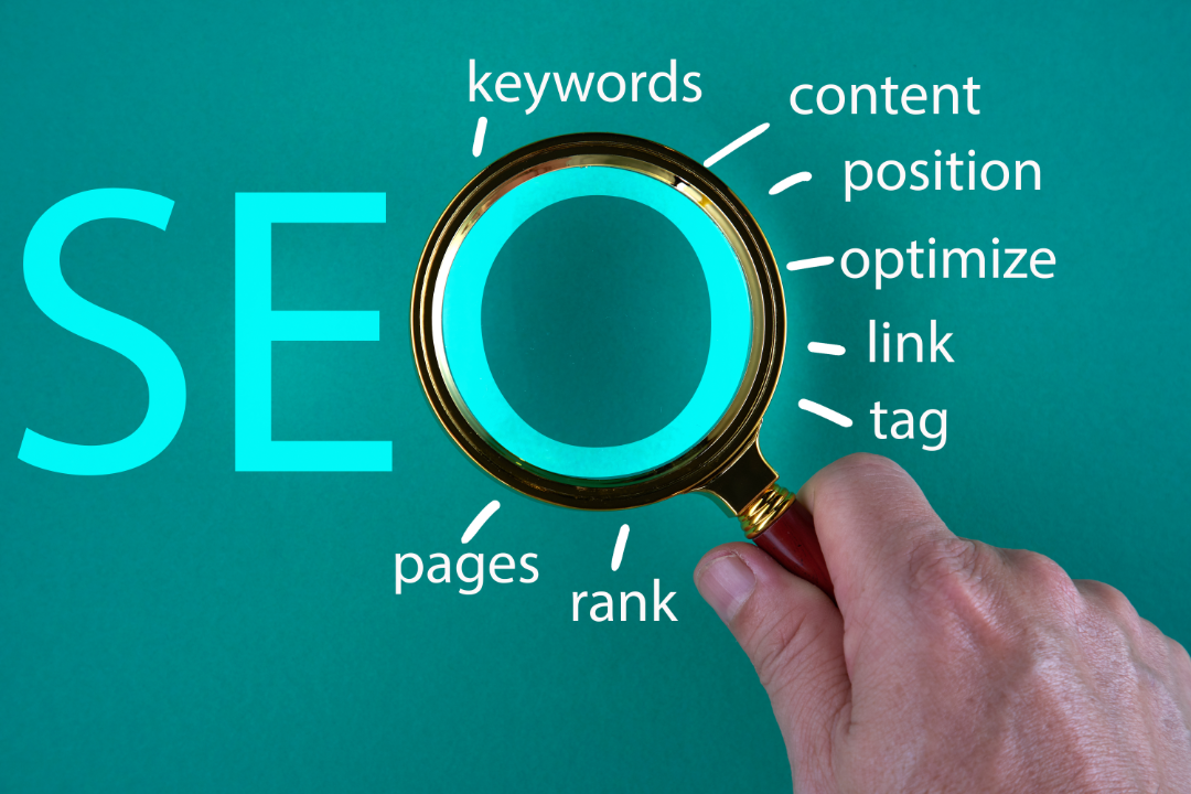 Conceptual illustration combining symbols like a pencil, magnifying glass, and heart to represent SEO writing, optimization, and reader engagement