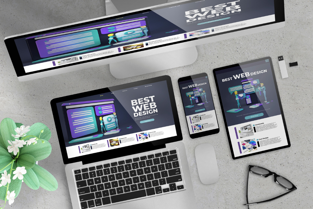 Icons of image file formats above a responsive website layout, showing WebP, JPEG, PNG, and SVG