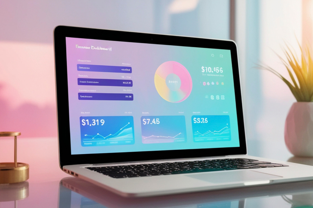 A digital illustration showing a laptop screen with an SEO dashboard displaying a downward graph, search bar, and magnifying glass icons.