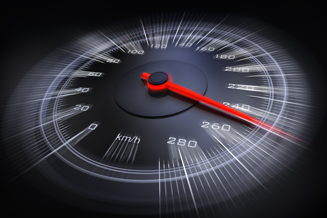 A digital illustration of a fast-loading website with a speedometer showing high performance.