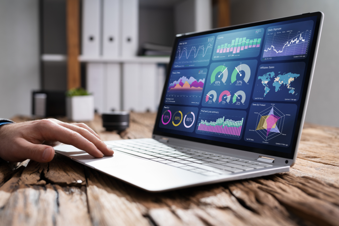 A digital dashboard displaying SEO performance metrics from Google Analytics and Google Search Console, including graphs and keyword rankings.