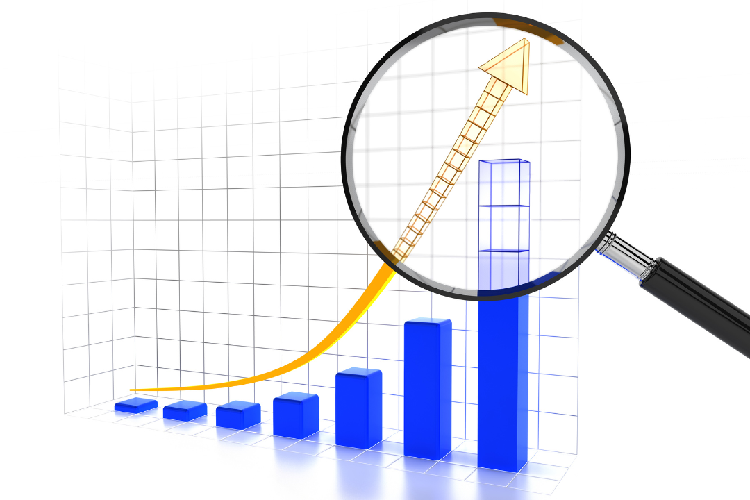 A conceptual image depicting SEO performance trends with rising graphs, magnifying glass icons, and keyword research elements.