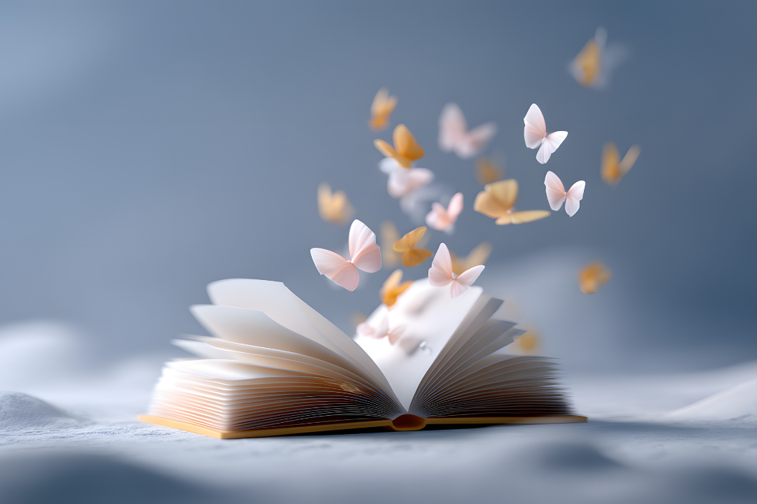 Open book with icons like a globe, heart, and lightbulb floating out to represent storytelling.