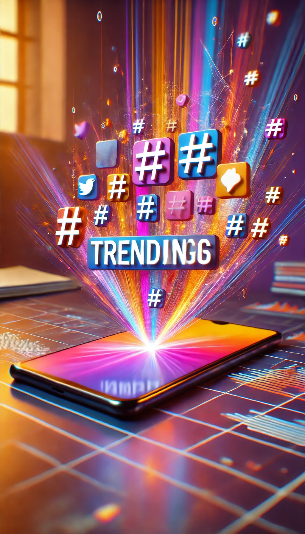 A smartphone displaying trending hashtags with a vibrant social media feed in the background